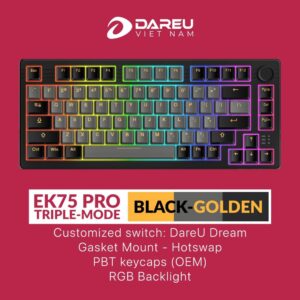BÀN PHÍM CƠ KHÔNG DÂY DAREU EK75 PRO BLACK/ GOLDEN (TKL/ 75 KEYS/ TRIPLE MODE USB-C/ WIRELESS/ BLUETOOTH/ LED RGB)