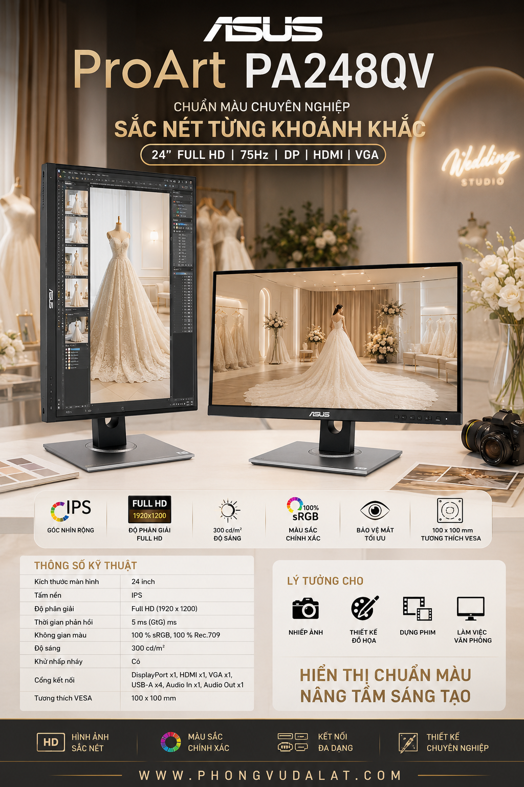 MÀN HÌNH 2ND CHUYÊN ĐỒ HỌA ASUS PROART PA248QV | 24'' FULL HD 75Hz | DP | HDMI | VGA | USB-A | LIKENEW