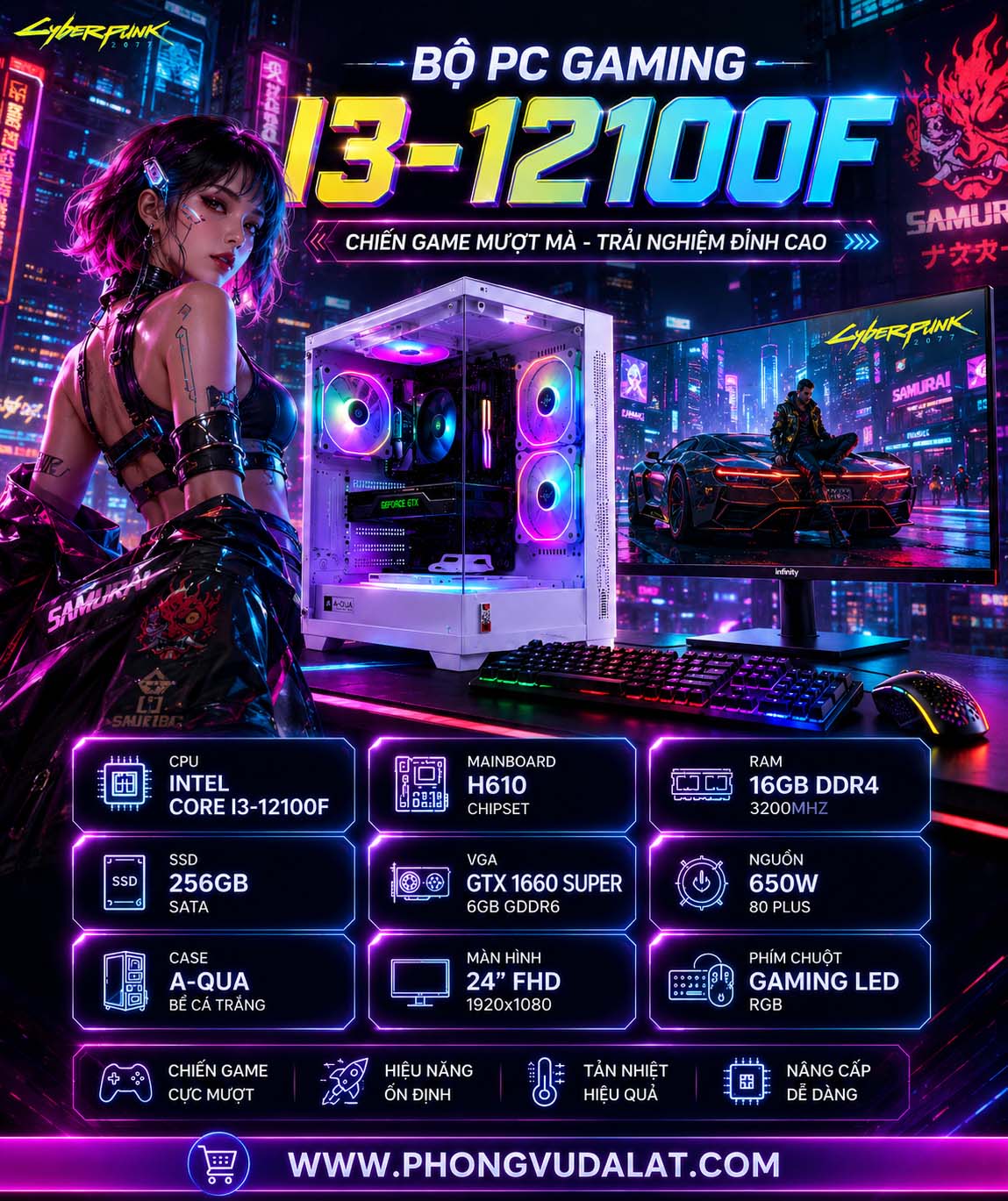 BỘ PC 2ND CORE I3-12100F | MAIN H610 | RAM 16GB D4 | SSD 256GB SATA | VGA GTX 1660 SUPER 6GB | NGUỒN 650W | CASE A-QUA BỂ CÁ TRẮNG | MÀN 24'' FHD | PHÍM CHUỘT GAMING LED RGB